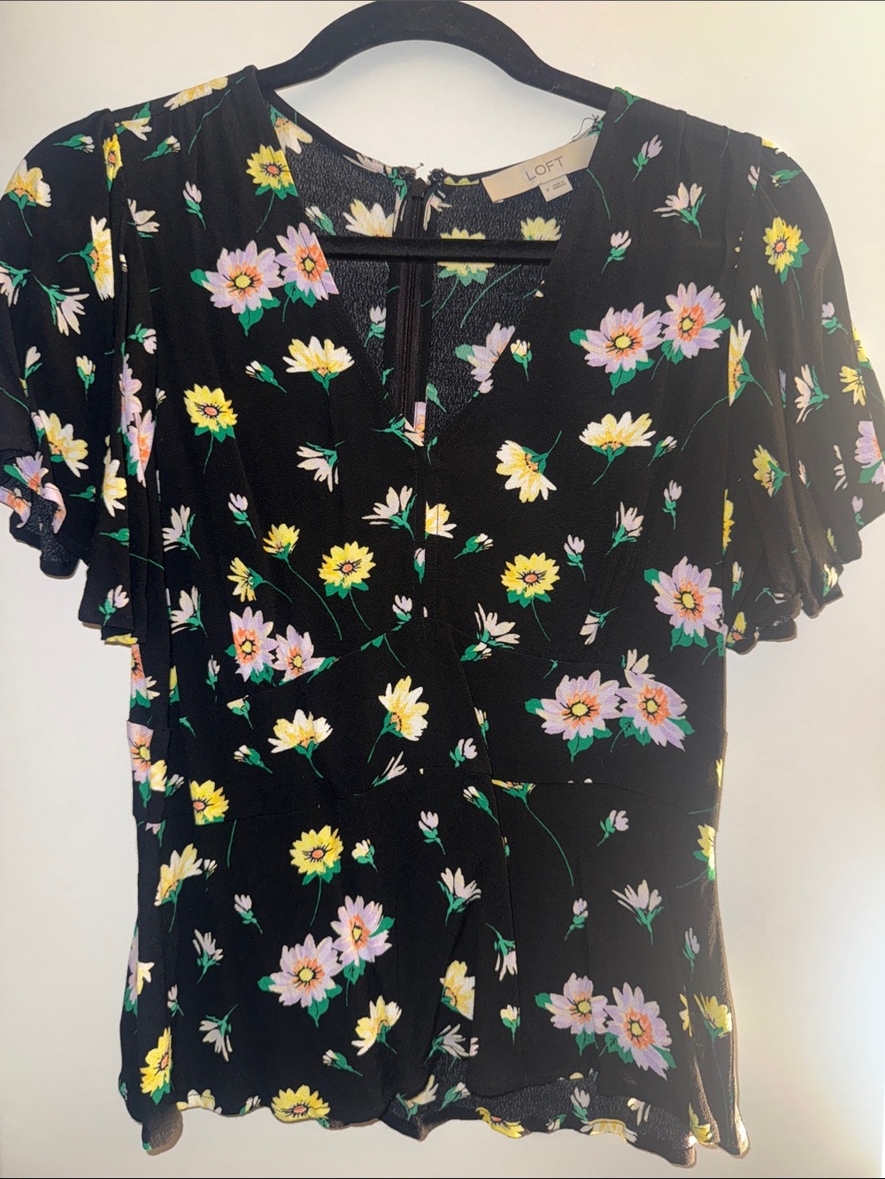 LOFT Black Floral Short Sleeve Blouse - Pink & Yellow Flowers